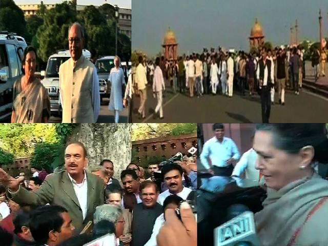 भूमि विधेयक के खिलाफ विपक्षी सांसद पहुंचे राष्ट्रपति भवन New Delhi_Congress_president_Sonia Gandhi_march_Parliament House_Rashtrapati Bhawan_land acquisition bill_Sharad Yadav