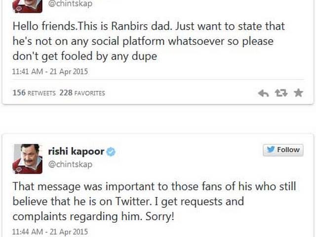 रणबीर किसी सोशल वेबसाइट पर नहीं: ऋषि कपूर Ranbir Kapoor is Not, Repeat Not, on Twitter. Message From Father Rishi
