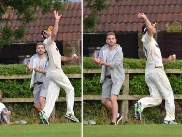 ऑस्ट्रेलियाई स्टार मैक्सवेल ने ना 'आईसक्रीम' छोड़ी ना कैच Yorkshire and Australia star Glenn Maxwell takes one handed catch whilst holding ice-cream in Bardsey exhibition
