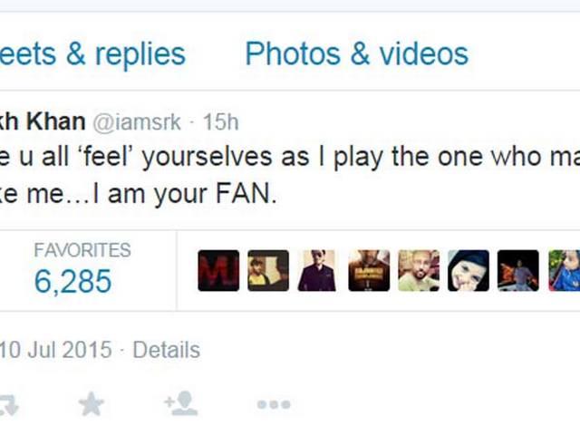 उम्मीद है फैन देखकर आप खुद को महसूस करेंगे: शाहरूख खान Shahrukh Khan Tweeted- hope u all ‘feel’ yourselves as I play the one who makes a star.