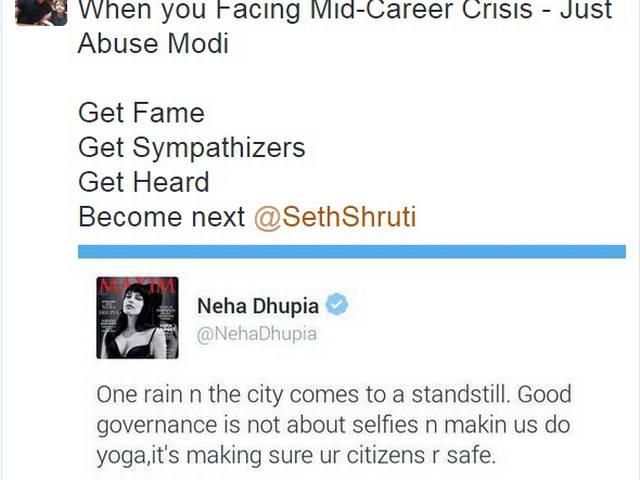 मोदी की आलोचना कर फंसी नेहा धूपिया, अश्लील कमेंट्स की हुई बौछार Neha Dhupia faces sexist comments on Twitter for criticising ‘good governance’ of Modi government