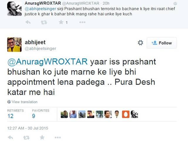 सिंगर अभिजीत ने पार की सारे हदें - 'प्रशांत भूषण की लाश को फटे जूते से मारूंगा' singer-abhijeet-abuses-prashant-bhushan