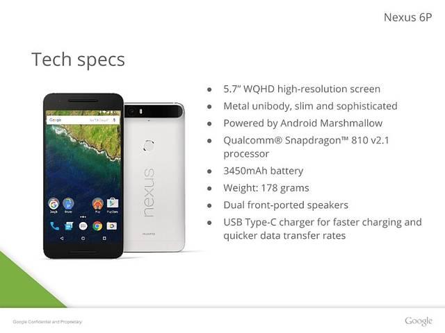 कल लॉन्च होने वाले गूगल के स्मार्टफोन Nexus 6P के स्पेशिफिकोशन लीक Nexus 6P Detailed in Leaked Presentation Slides Ahead of Tuesday Launch