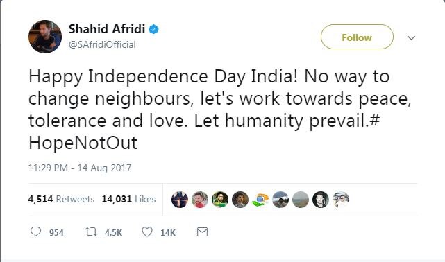 Shahid Afridi wishes India on Independence Day