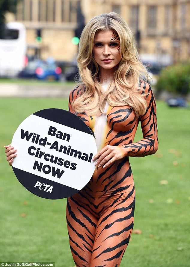 बाघिन बनीं जोआना की मांग: सर्कस में बैन हों जानवर Housewives Of Miami star Joanna Krupa strips to tiger body paint to protest circuses in London