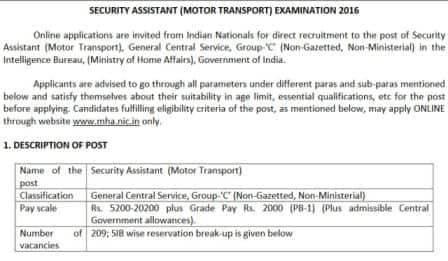 Job Vacancy in Intelligence Bureau