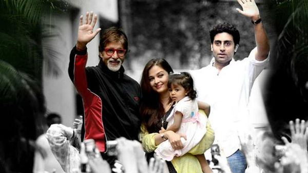 Amitabh waving at fans gathered at Jalsa with Abhishek, Aishwarya and Aaradhya