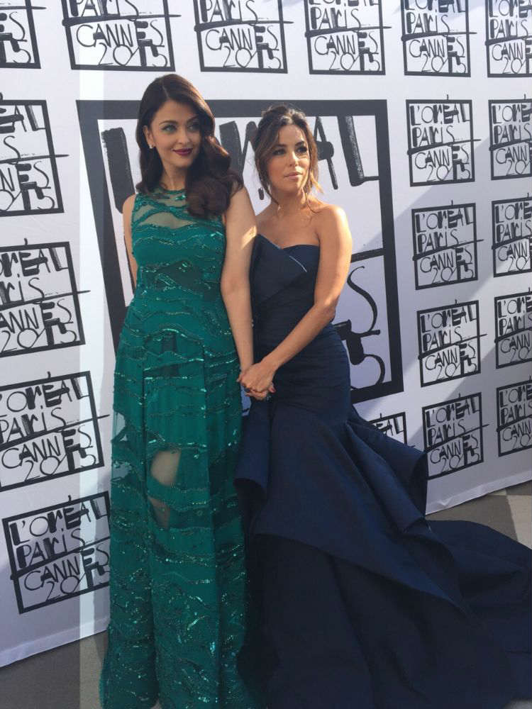 Aishwarya Rai poses with ambassador Eva Longoria at Cannes 2015. Both the ladies are global brand ambassador of L'Oréal Paris and they walk the red carpet every year for the cosmetic giant!
